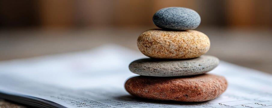 Peaceful finance for balance and long-term planning concept. Four smooth stones stacked artfully on a textured surface.