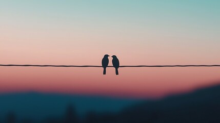 Silhouetted Birds on a Wire at Sunset with Pink and Blue Gradient in the Background