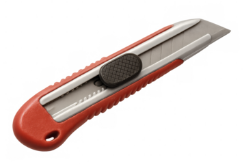 Metallic red utility knife displaying retractable blade, photographed against transparent backdrop