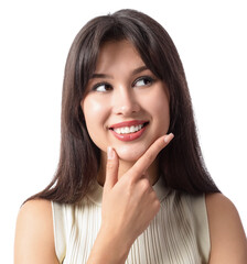 Fototapeta premium Thoughtful young woman with beautiful smile on white background, closeup