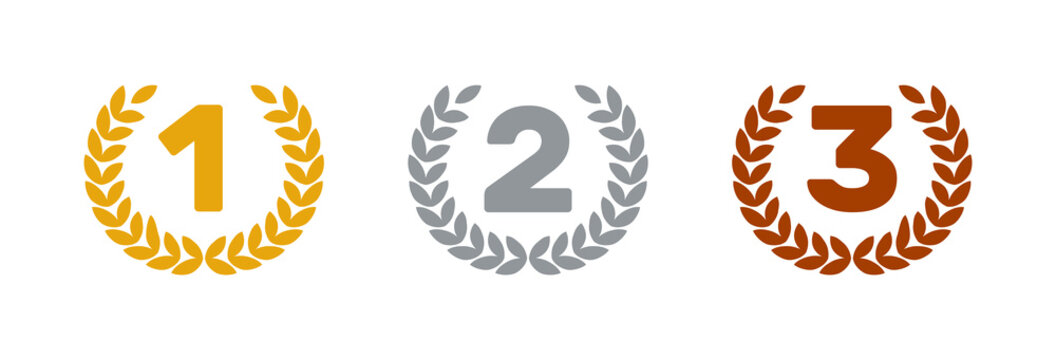 1st 2nd 3rd place awards, golden silver bronze wreaths, winner trophy, flat vector icons set