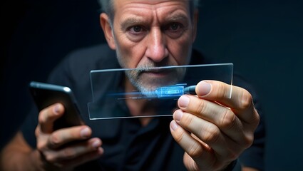 Serious senior man interacts with futuristic transparent holographic interface, smartphone in hand.