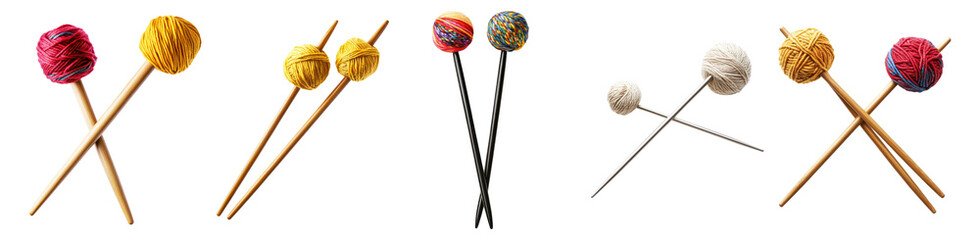 Colorful Yarn Balls with Knitting Needles on Wooden Background, Isolated on Transparent, white background