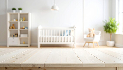Close-up of the table in the background of the baby room. Empty table concept for displaying baby supplies.