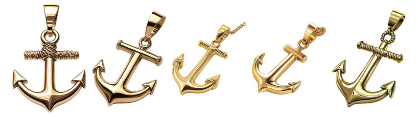 Golden Anchor Pendants Set on Isolated Background for Jewelry Design, Isolated on Transparent, white background
