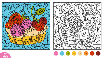 Color by number page for kids with a cartoon berry tartlet. Fun vector activity with cherries, strawberries, and raspberries.