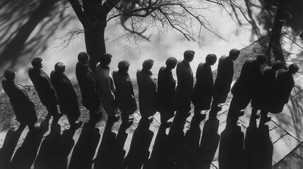 A queue of people on a city street. Illustration on the theme of man and space, city and the surrounding world.