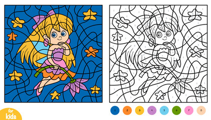 Color by number page for kids with cute flying fairy holding flower. Fun and creative worksheet activity.