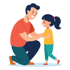 Happy father kneeling down holding his little daughters hand