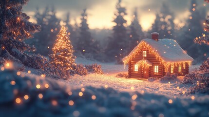 Warm wooden house glowing in snowy landscape with Christmas lights, evoking peace, tranquility, and holiday spirit for festive marketing.