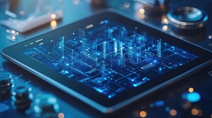 Virtual healthcare consultation with a doctor on a tablet, using video calls and digital diagnostics to provide remote medical services.