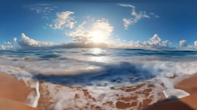 Beach Waves Crashing on Shoreline Under Bright Sunlight and Cloudy Blue Sky 360 View