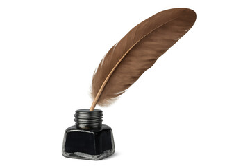 Quill pen dipping into inkwell on transparent background, representing historical writing, calligraphy, and literature