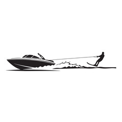 Black and white illustration of a speedboat pulling a water skier across the water