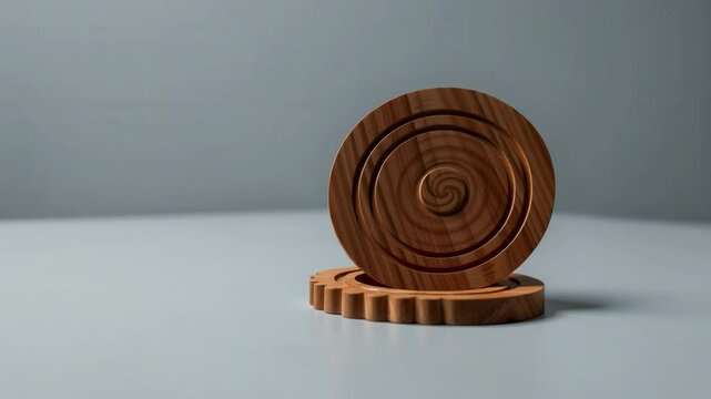 A wooden spiral coaster stands upright on a minimalist surface with another coaster beneath it.