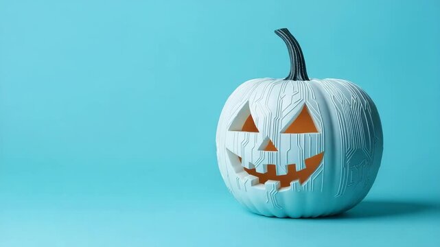 halloween concept. A white pumpkin with a carved jack-o'-lantern face featuring circuit-like patterns on a blue background.