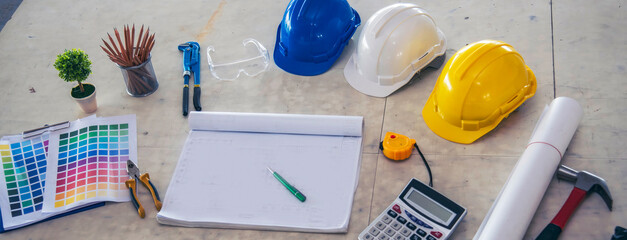 Banner construction engineer office desk architect workplace. Banner engineer draw blueprint...