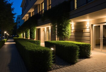 Obraz premium Illuminated modern building facade with manicured bushes and paved walkway at dusk