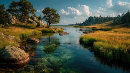 Obraz premium Serene River Flowing Through Golden Meadow Natures Tranquility.