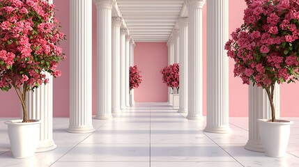 Fototapeta premium Elegant corridor with pink flowers and classic columns in a tranquil setting