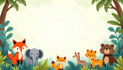 Colorful cartoon jungle friends surround an empty banner space