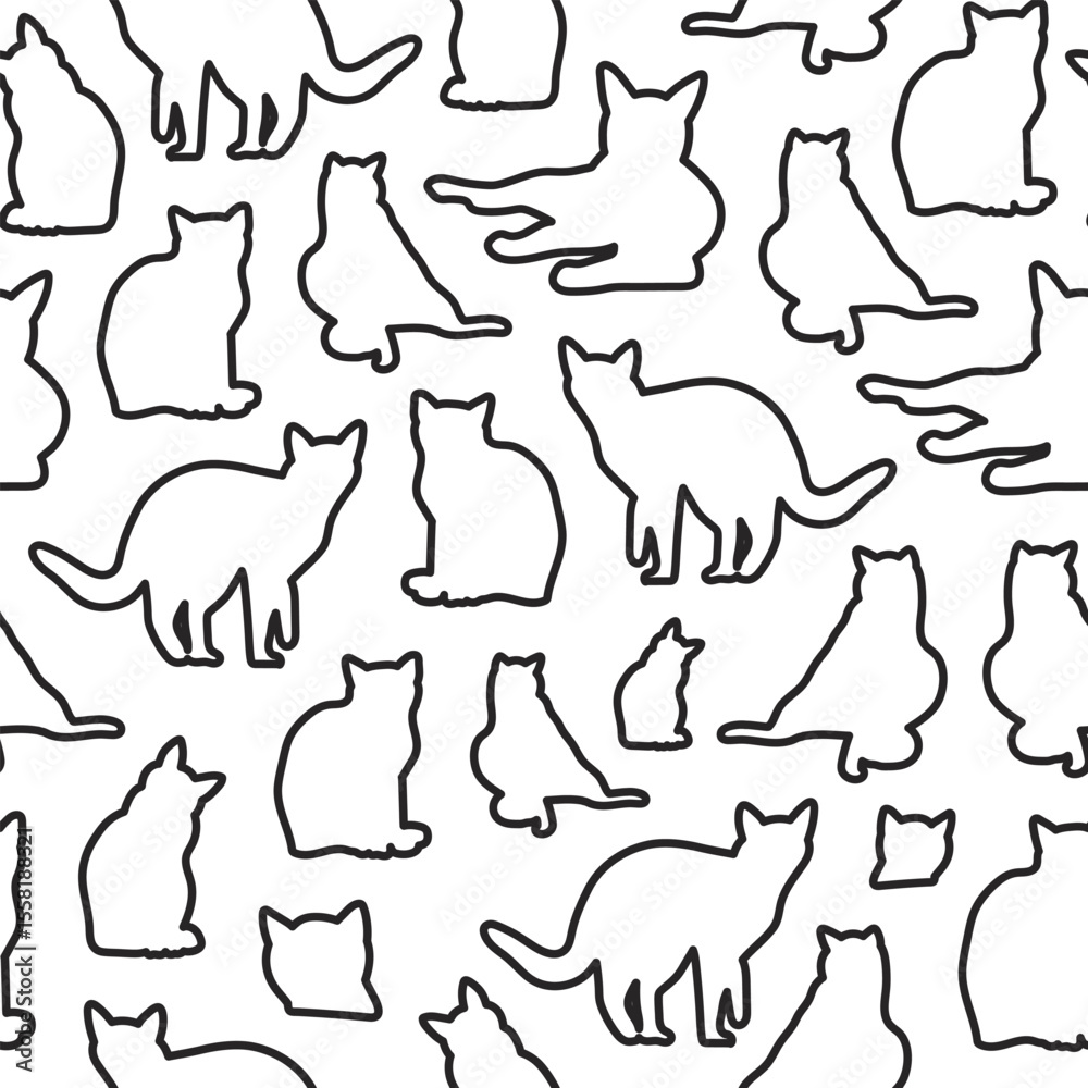 Poster seamless pattern with cute linear cats. hand drawn fun childish print. black and white colors. vecto
