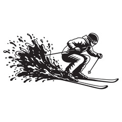 Dynamic black and white illustration of a skier performing a graceful ski turn on the slope