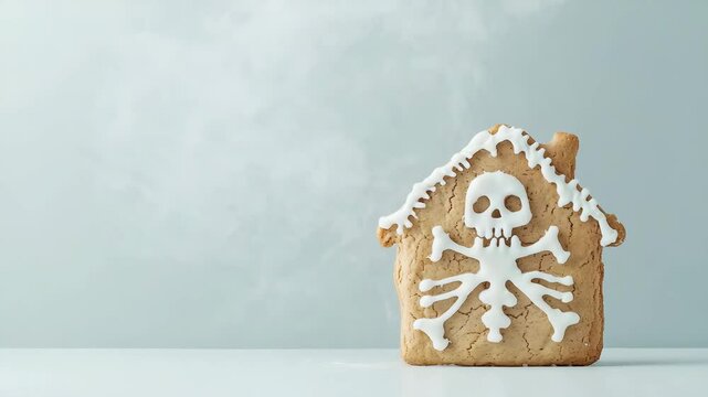 halloween concept. A gingerbread house with a white icing skull and crossbones, surrounded by smoke or mist, sits on a plain surface.
