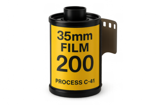 Vintage yellow-labeled 35mm film canister displaying 200 iso and c-41 process, positioned on transparent surface