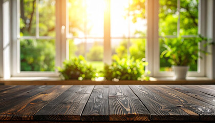 Close-up of an empty table where you can display food against a bright window background with the morning sun.