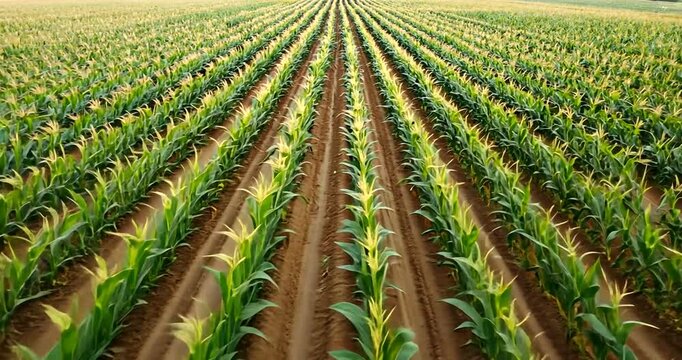 Lush green cornfield stretching into the horizon under a clear blue sky, showcasing agricultural growth