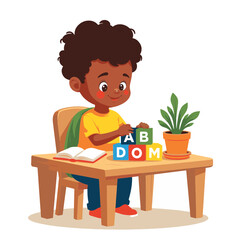 Young boy joyfully playing with colorful alphabet blocks in bright room, learning fun