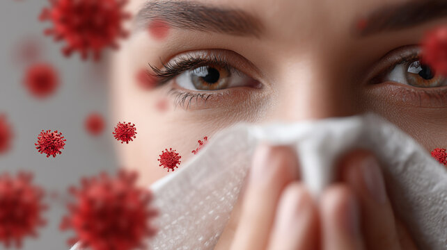 A woman’s sneeze disperses vivid red viral particles, underscoring how invisible pathogens exploit everyday moments to propagate illness and test immune resilience.
