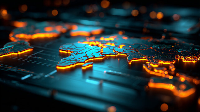 A luminous circuit-etched world map radiates with fiery borders, conveying the pulse of global data highways and the interdependent connectivity of modern geopolitics.
 - Powered by Adobe