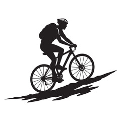 Obraz premium Silhouette of a cyclist riding uphill on a mountain bike with backpack and helmet