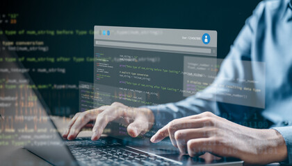Software development business concept. Programmer coding computer. Developer programming web...