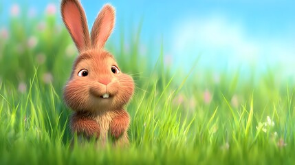 Fototapeta premium Cute cartoon rabbit with big ears standing in vibrant green grass against a bright blue sky