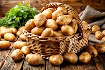 Basket Overflowing with Fresh Jumbo Russet Potatoes. Rustic Farm Harvest Still Life, Generative AI