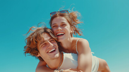 Summer Romance: A joyful couple enjoys a carefree moment against a vibrant blue sky, radiating happiness and playful energy.