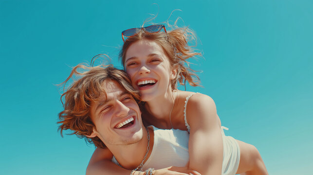 Summer Romance: A joyful couple enjoys a carefree moment against a vibrant blue sky, radiating happiness and playful energy.