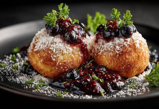 Delicious golden fried dessert balls topped with rich berry sauce and garnished with fresh herbs on a rustic black plate, perfect for food lovers and chefs