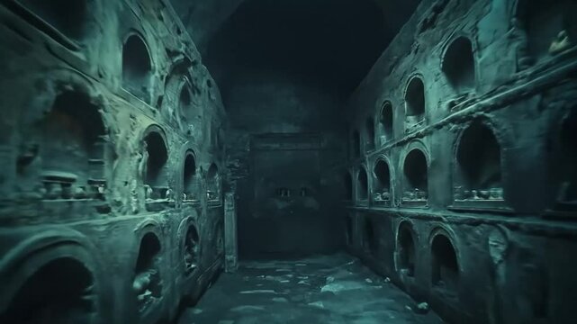 Dark, Eerie Tunnel with Arched Niches in Ancient Stone Structure
