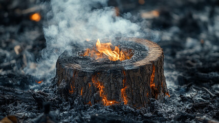 A burning tree stump amidst ash and smoke, symbolizing destruction.