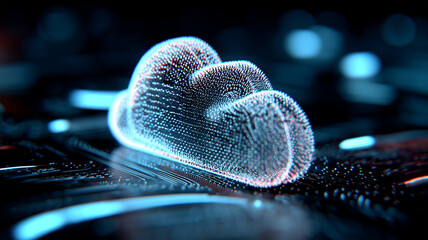 A cloud formed from thousands of luminous particles flowing over circuitry, visualising the ethereal yet data-rich nature of cloud infrastructures bridging virtual and physical realms.
