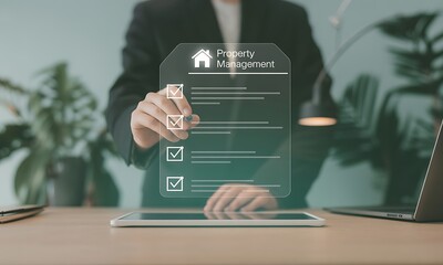 Property management technology concept. Business professional using tablet with digital checklist and house icons overlay. Concept of real estate, smart management system, automation, and innovation.