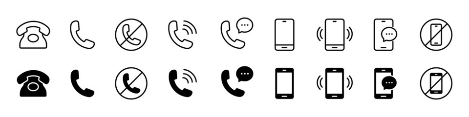 Phone icon set. Contact us symbol. Telephone call sign. Cell phone, ringing phone pictogram isolated on white background. Vector illustration.