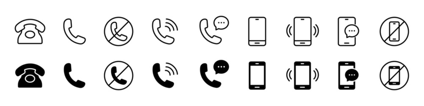 Phone icon set. Contact us symbol. Telephone call sign. Cell phone, ringing phone pictogram isolated on white background. Vector illustration.