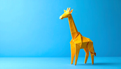 A vibrant yellow origami giraffe stands against a blue background, showcasing intricate folds and a playful design