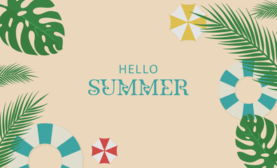 Hello Summer Banner Template with Colorful Beach Elements – Vibrant Vector Design for Seasonal Promotion and Holiday Ads