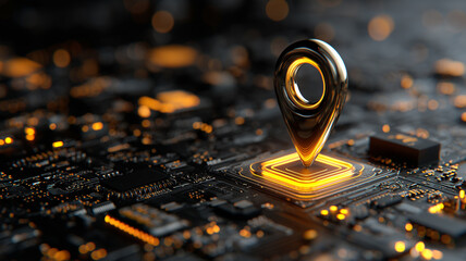 A glowing metallic location pin planted on a circuit board landscape, highlighting the convergence of geolocation intelligence and hardware-level innovation in smart devices.
